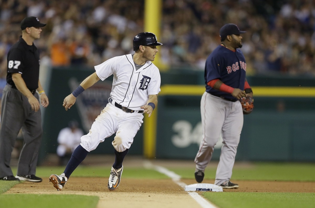 Detroit Tigers Ian Kinsler safely reaches third during the sixth inning Friday against the Boston Red Sox in Detroit