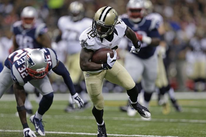 New Orleans Saints wide receiver Brandin Cooks carries past New England Patriots free safety Devin Mc Courty in the first half of a preseason NFL football game in New Orleans Saturday Aug. 22 2015