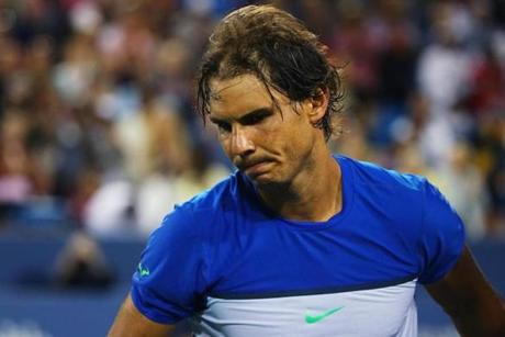 CINCINNATI OH- AUGUST 20 Rafael Nadal of Spain reacts after losing his match against Feliciano Lopez of Spain during Day 6 of the Western & Southern Open at the Lindner Family Tennis Center