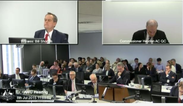 ALP leader Bill Shorten and justice Dyson Heydon during an earlier hearing in the Royal Commission