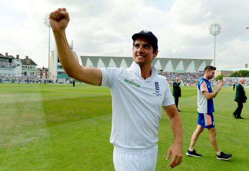 England captain Alastair Cook celebrates after winning the Fourth Test and the Ashes