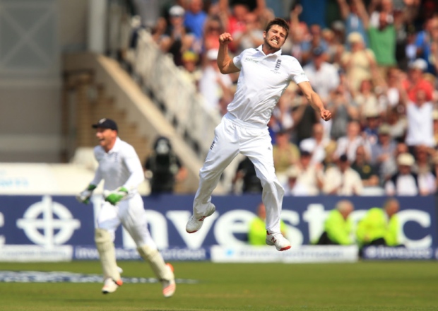 England bowler Mark Wood celebrates bowling Australia batsman Nathan Lyon to win the 4th test match and the Ashes