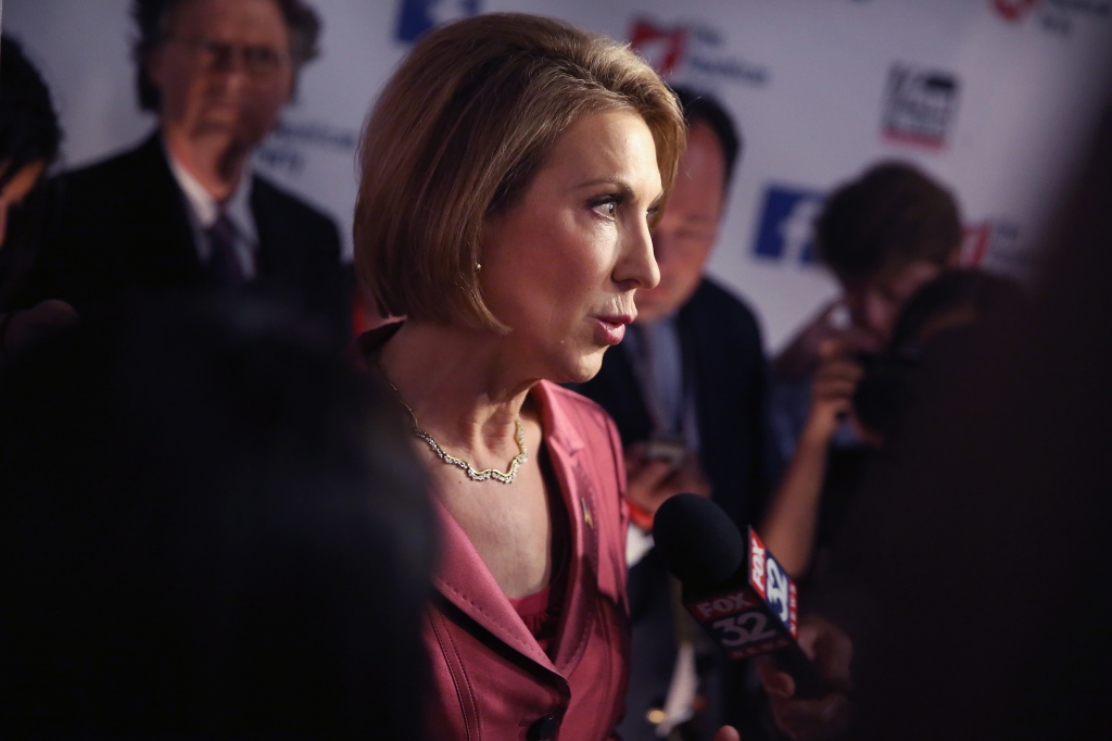 Rebulican presidential candidate Carly Fiorina fields questions from the press following a presidential forum hosted by FOX News and Facebook at the Quicken Loans Arena