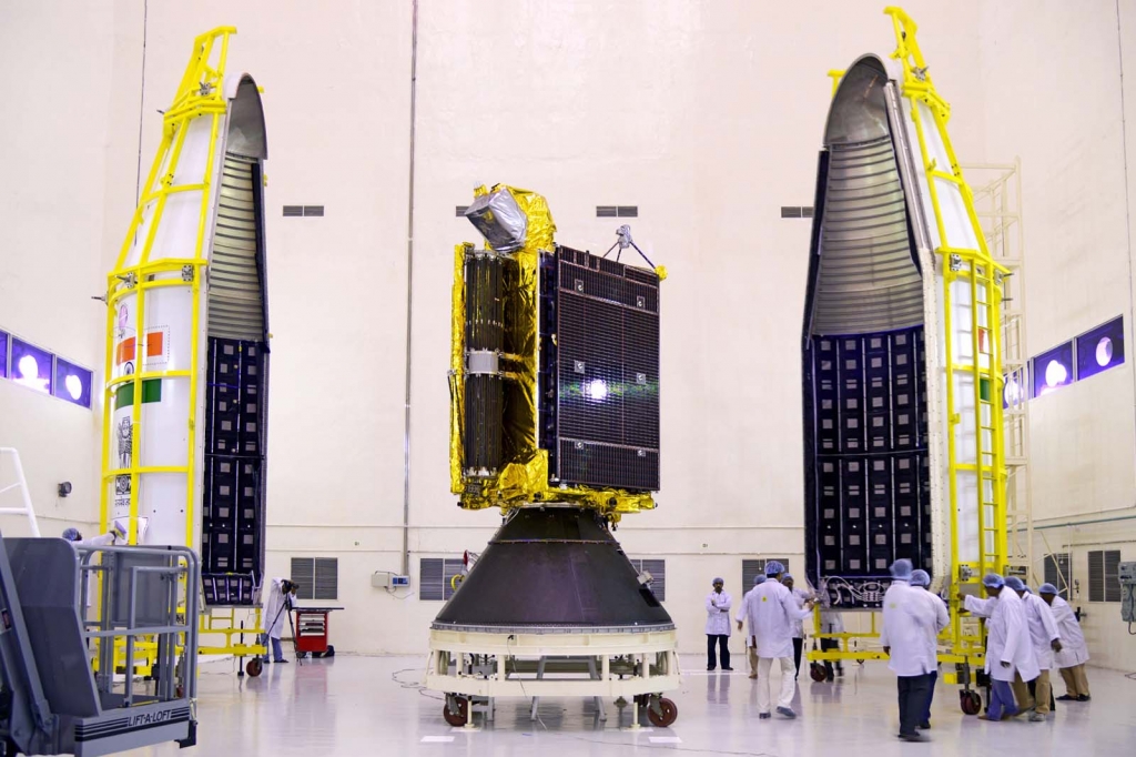 GSAT-6 seen with two halves of payload faring of the GSLV-D6