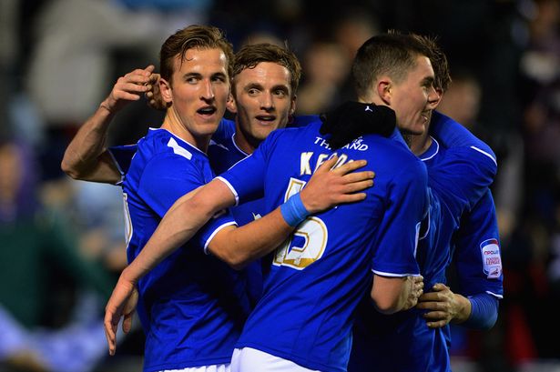 Harry Kane of Leicester celebrates scoring with team mates to make it 20 against Blackburn Rovers