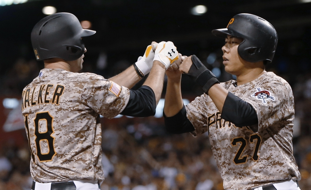 Pittsburgh's Neil Walker is greeted by Jung Ho Kang after driving him in with a tworun home run during the sixth inning of's home game against San Francisco The Pirates won