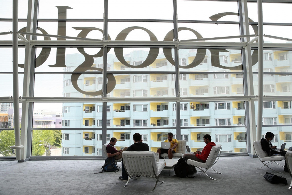 Attendees work on laptops during the Google I  O developers conference at the Moscone Center