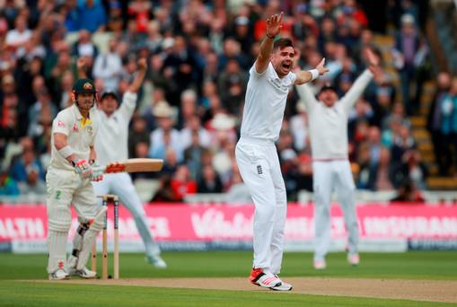 Gotcha England’s James Anderson successfully appeals for an lbw against Australia’s David Warner