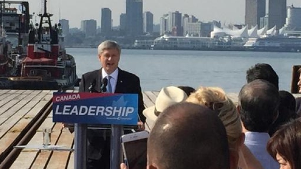 Conservative Leader Stephen Harper spoke to supporters in Vancouver today where he was asked about testimony by his former chief of staff Nigel Wright at the trial of Mike Duffy