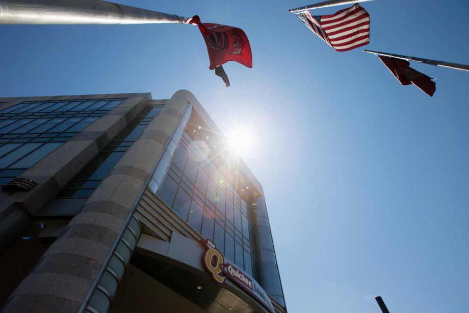 Flags fly in front of the Quicken Loans Arena in Cleveland Wednesday Aug. 5 2015 before Thursday's first Republican presidential debate being held at the arena