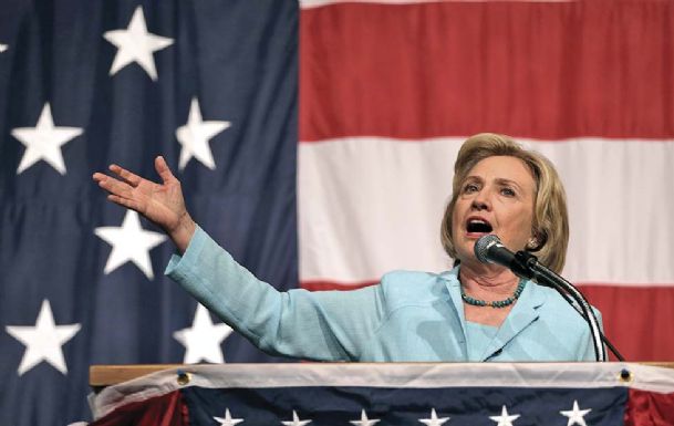 Democratic presidential candidate Hillary Rodham Clinton speaks at the at the Iowa Democratic Wing Ding at the Surf Ballroom Friday in Clear Lake Iowa