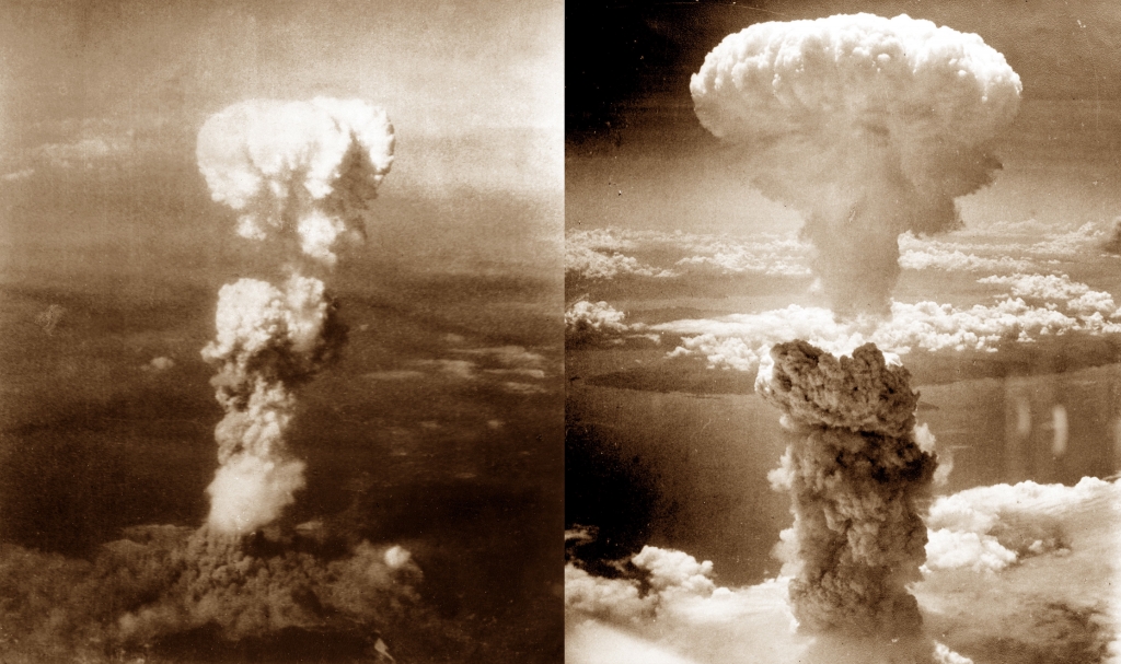 World War II Atomic bomb mushroom clouds over Hiroshima and Nagasaki, August 1945 Japan