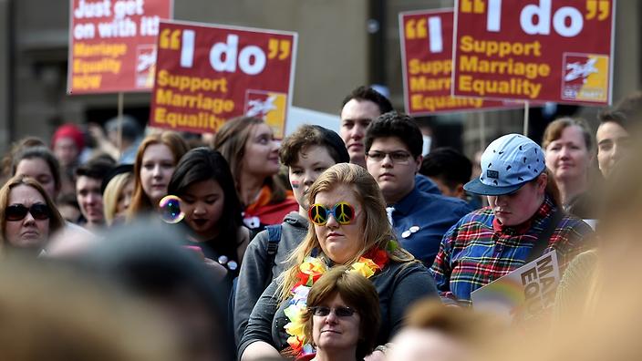 Hundreds of people take part in a marriage equality protest in Melbourne Saturday Aug. 15 2015