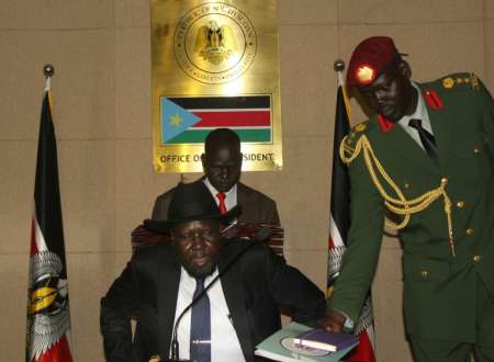 South Sudan's President Salva Kiir takes his seat at the State House in Juba prior to a brief consultative meeting with cabinet and State Governors