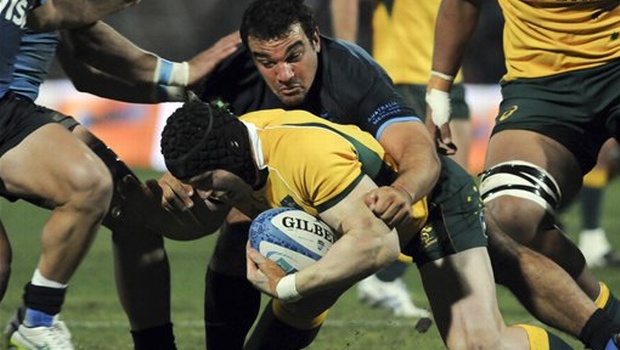 Argentina Los Pumas Agustin Creevy top tackles Australia Wallabies David Pocock during their Rugby Championship 2015 match at Malvinas Argentinas stadium in Mendoza Argentina. |AP