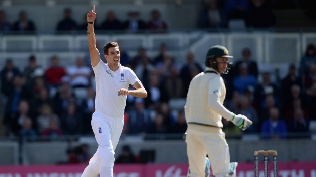 Brilliant bowling display... Steven Finn celebrates dismissing Australian captain Michael Clarke during day two of the Ashes Test at Edgbaston