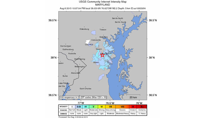 'Intensity Map shows areas of Maryland affected by Saturday's earthquake