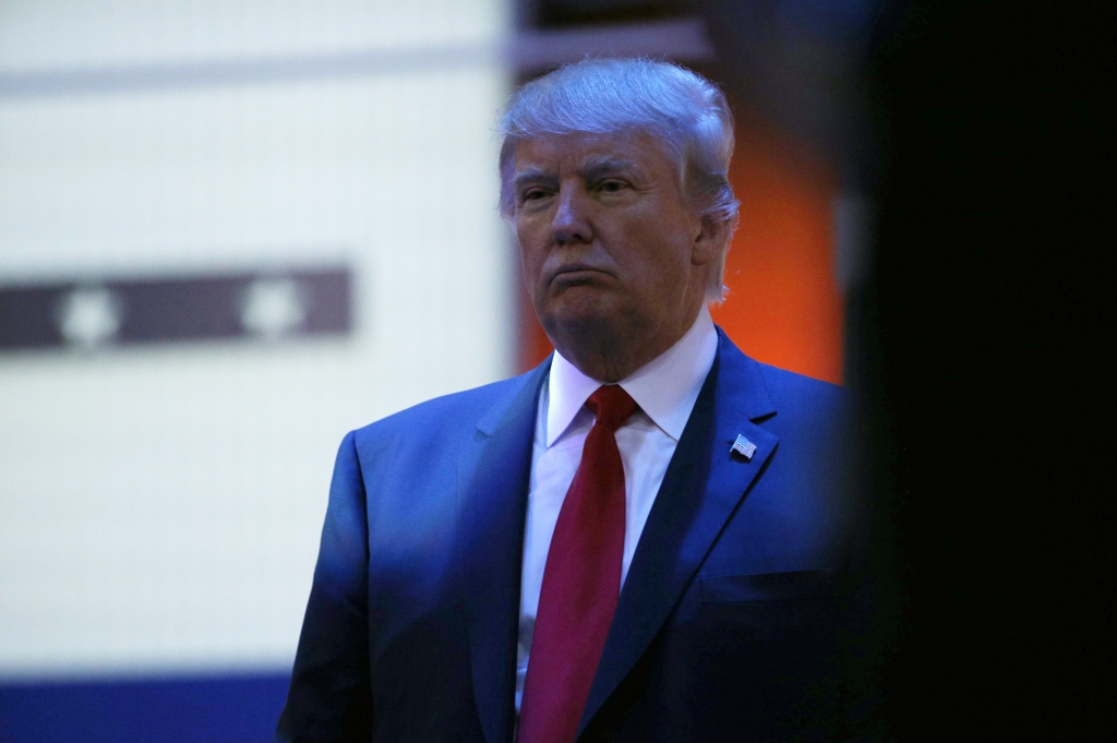 Republican 2016 U.S. presidential candidate businessman Donald Trump waits for the debate to resume during a commercial break at the first official Republican presidential candidates debate of the 2016 U.S. presidential campaign in Cleveland