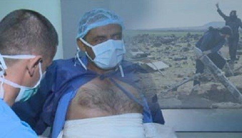 A Peshmerga soldier being treated after the chemical weapons attack by ISIS