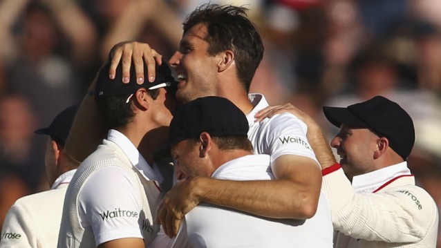 England’s Joe Root left celebrates with Ian Bellt after England beat Australia by 8 wickets during day three of the third Ashes Test cricket match at Edgbaston Birmingham England Friday