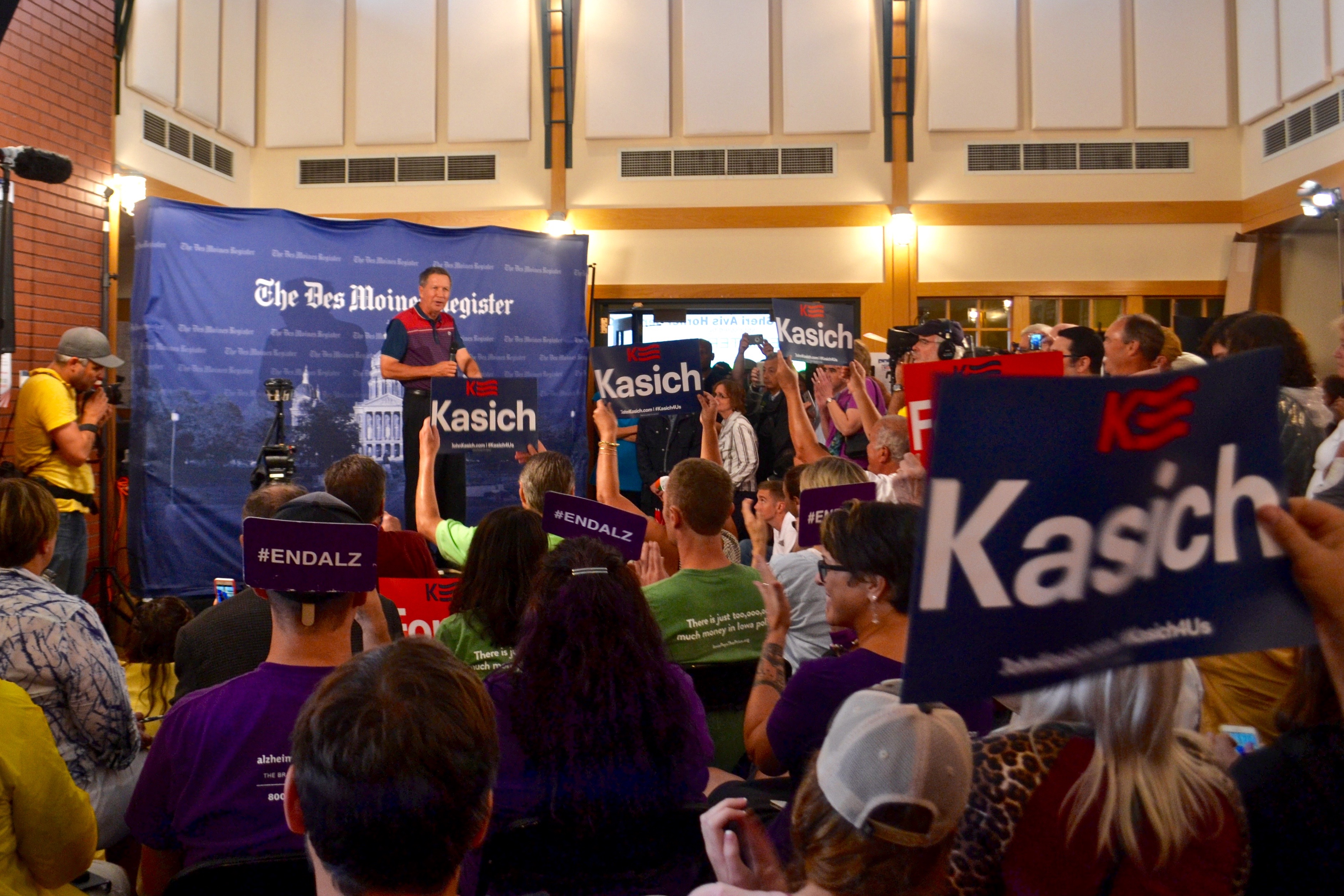 John Kasich at the Des Moines Register's Soap Box which was moved inside because of the weather