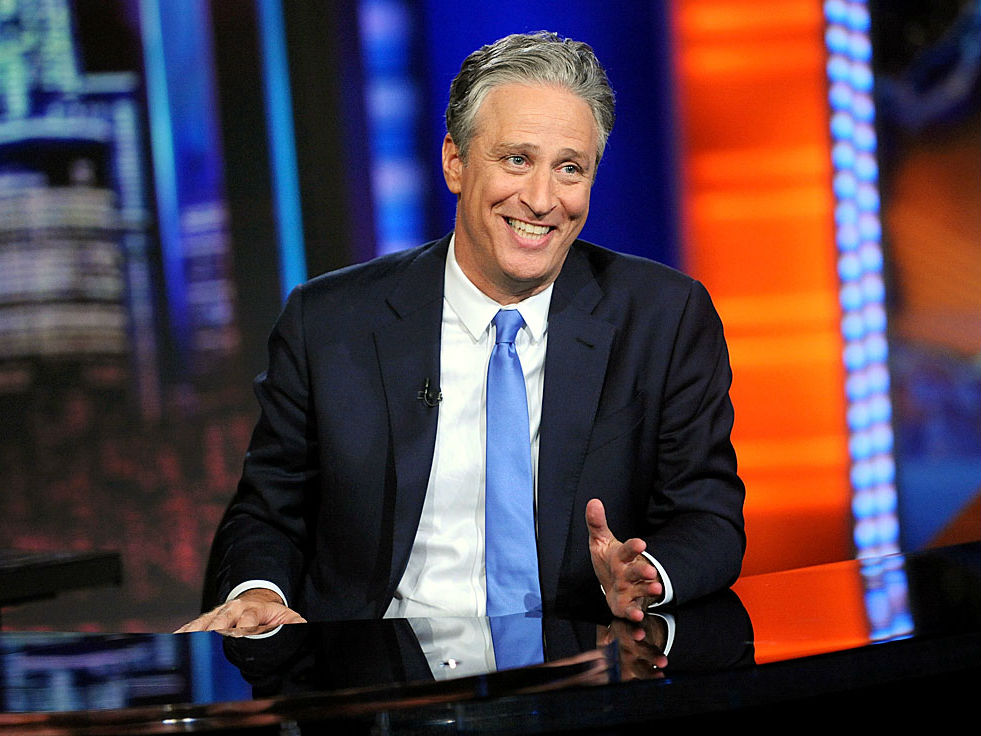 Jon Stewart behind the Daily Show desk one last time