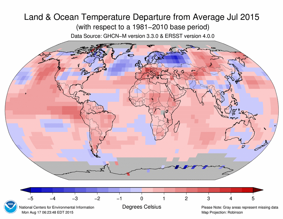 Blended Land & Sea Surface Temperature Anomalies in °C via NOAA