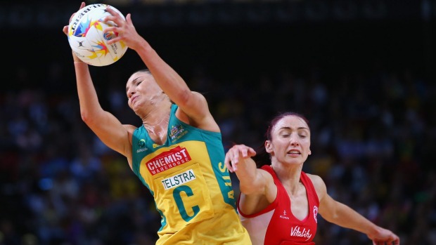 Kimberley Ravaillion of Australia catches the ball under pressure from Jade Clarke of England