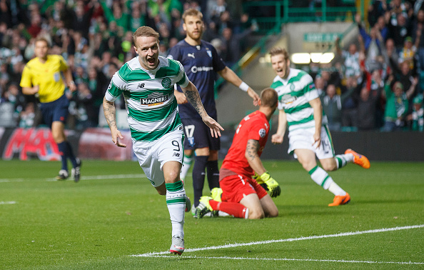 Leigh Griffiths of Celtic celebrates scoring in the first leg of this tie