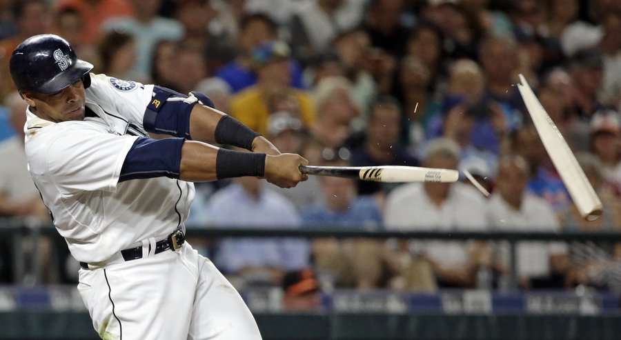 Seattle Mariners&#39 Nelson Cruz shatters his bat on a fly ball against the Baltimore Orioles in the fifth inning of a baseball game Tuesday Aug. 11 2015 in Seattle. Cruz was out on the play