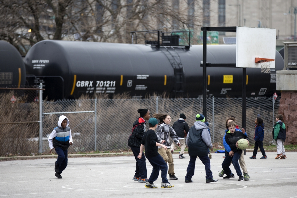 Oil trains like this one in central Philadelphia are the focus of security concerns by officials planning for huge crowds during the visit of Pope Francis to the city in late