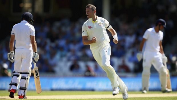 Peter Siddle celebrates after taking the wicket of England opener Adam Lyth in the first session of play on day three of the fifth Test