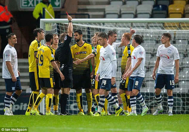 Miguel Britos was given his marching orders with 15 minutes remaining for elbowing Preston's Bailey Wright