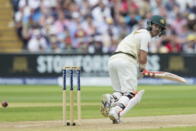 Australia's David Warner bats on the second day of the third Test match of the five match series between England and Australia at Edgbaston cricket ground in Birmingham England Thursday