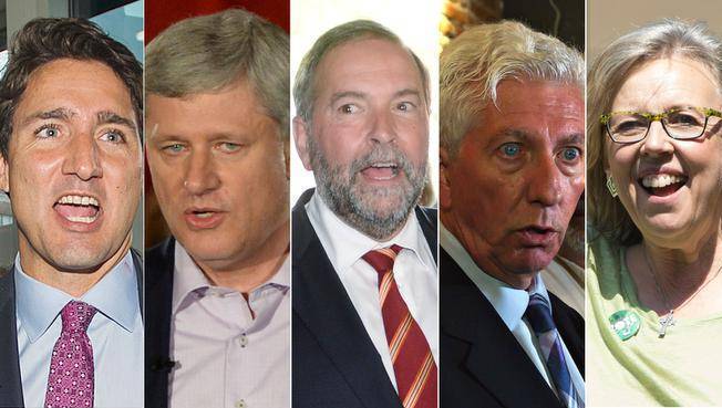 The party leaders Liberal Justin Trudeau Conservative Stephen Harper New Democrat Tom Mulcair the Bloc Quebecois’s Gilles Duceppe and the Green Party’s Elizabeth May