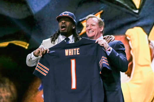 NFL Commissioner Roger Goodell poses with Kevin White drafted by the Chicago Bears in the 2015 NFL Draft. White is the first player drafted by Chicago which hosted the draft for the first time in a half century