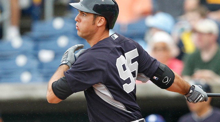 3/6/15- New York Yankees vs. Philadelphia Phillies at Bright House Field in Clearwater Florida- New York Yankees first baseman Greg Bird #95 triples in a run in the 4th inning