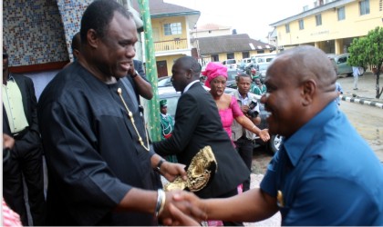 Rivers State Governor Chief Nyesom Wike, exchanging pleasantries with former Chief of Army Staff Lt. General Kenneth Minimah former Chief of Army Staff during the wedding ceremony of his daughter at St. Cyprian Anglican Church Port Harcourt