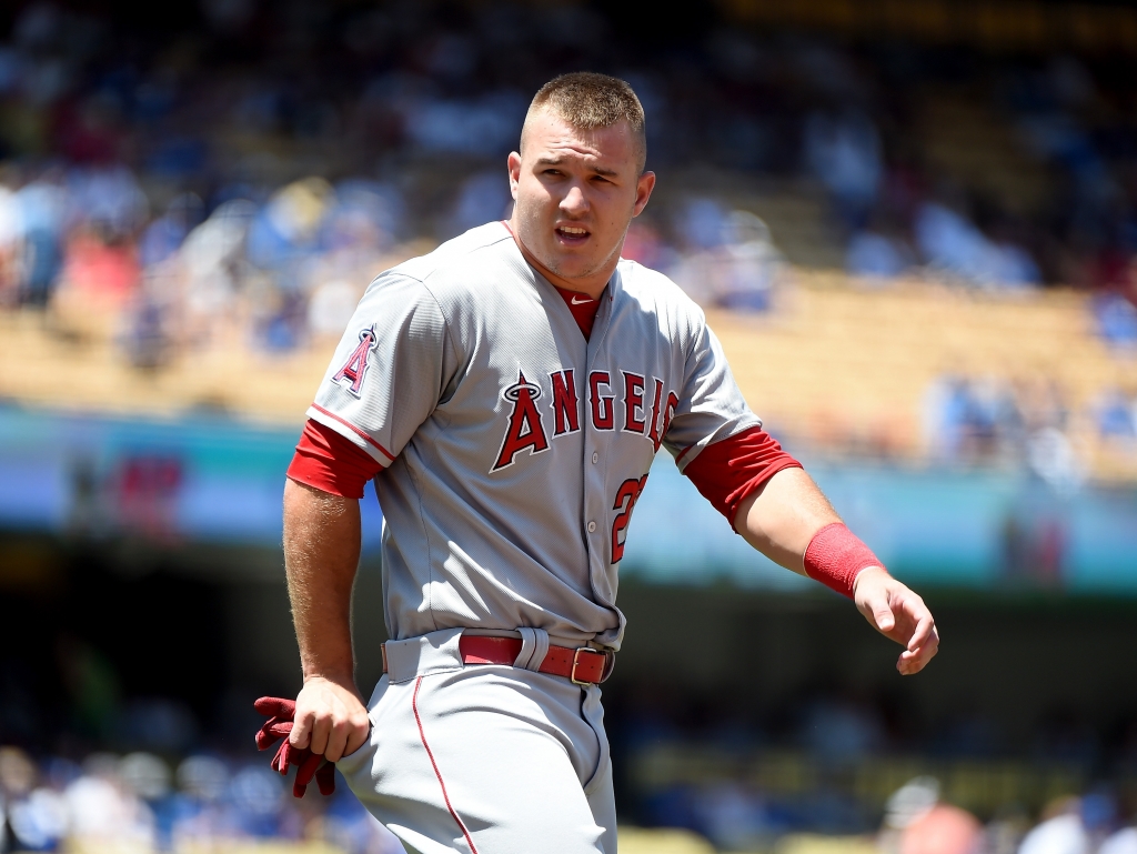 LOS ANGELES CA- AUGUST 01 Mike Trout #27 of the Los Angeles Angels reacts to his strikeout during the first inning against the Los Angeles Dodgers at Dodger Stadium