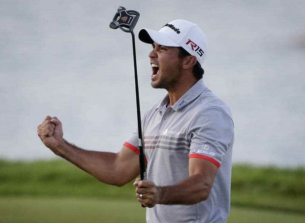 Jason Day of Australia reacts to his birdie on the 17th hole during the third round of the PGA Championship golf tournament Saturday Aug. 15 2015 at Whistling Straits in Haven Wis