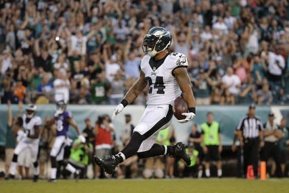 Mathews scores a touchdown during the first half of a preseason NFL football game against the Baltimore Ravens