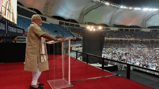 Prime Minister Narendra Modi's addresses people at a cricket stadium in Dubai