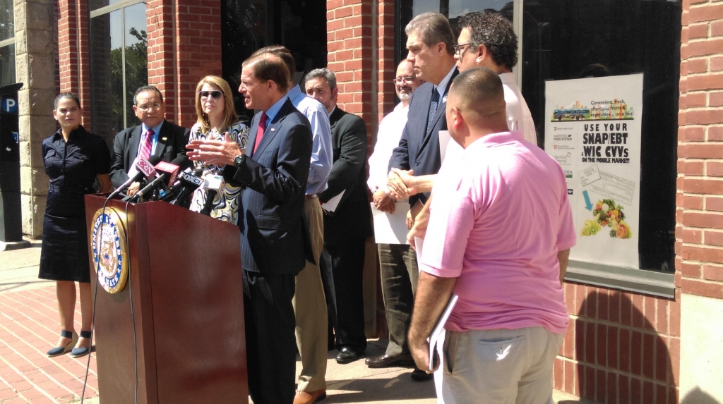 U.S. Senators Richard Blumenthal and Chris Murphy joined with members of Connecticut's Puerto Rican community to urge Congress to take action to address the debt crisis in Puerto Rico