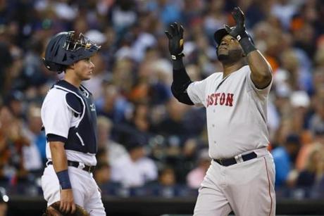 Aug 8 2015 Detroit MI USA Boston Red Sox designated hitter David Ortiz celebrates in front of Detroit Tigers catcher James Mc Cann after hitting a home run in the sixth inning at Comerica Park. Mandatory Credit Rick Osentoski-USA TODAY Spor