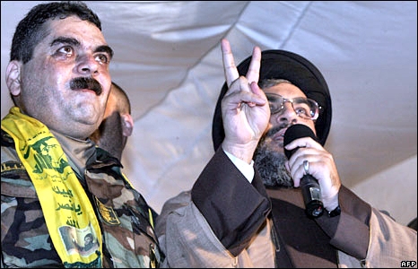 Samir Kuntar with Hezbollah Chief Hassan Nasrallah after he was released from jail by Israel in 2008