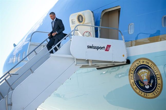 President Barack Obama steps off Air Force One as he arrives at Mc Carran International Airport in Las Vegas Monday Aug. 24 2015 to give remarks at the National Clean Energy Summit