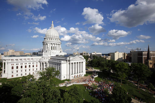 The Wisconsin State Capitol as seen from a nearby building in Madison Wis