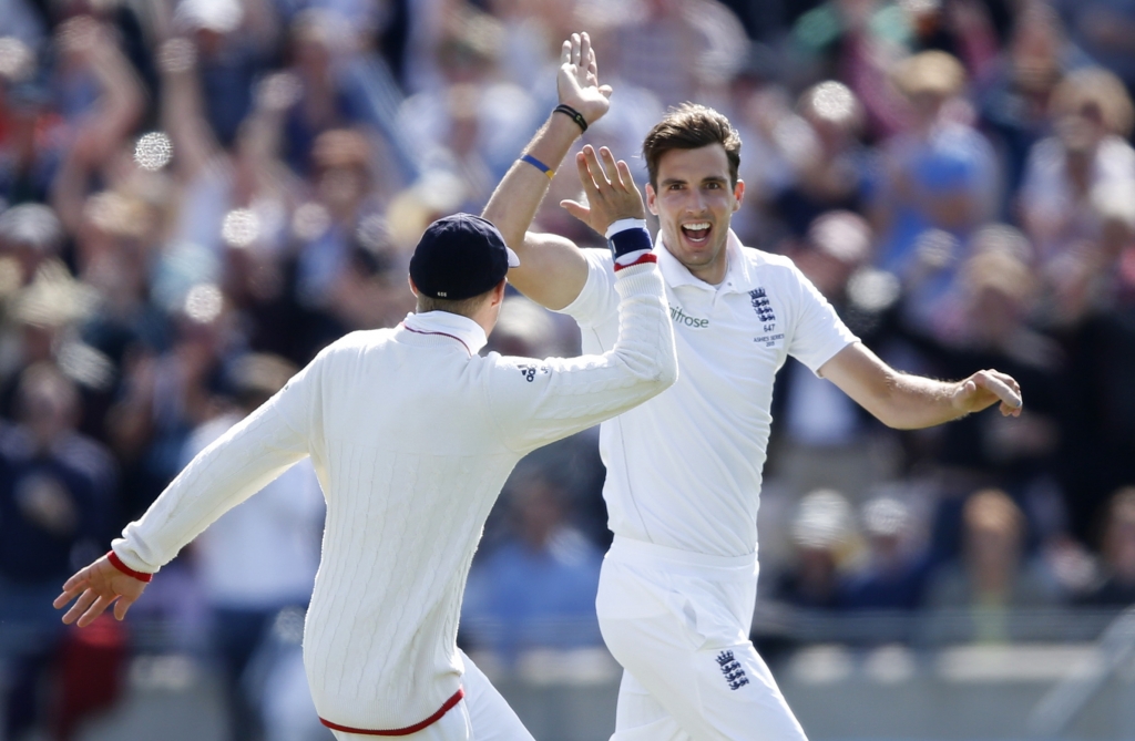 Steve Finn celebrates taking another wicket during his first Test in two years Action Images