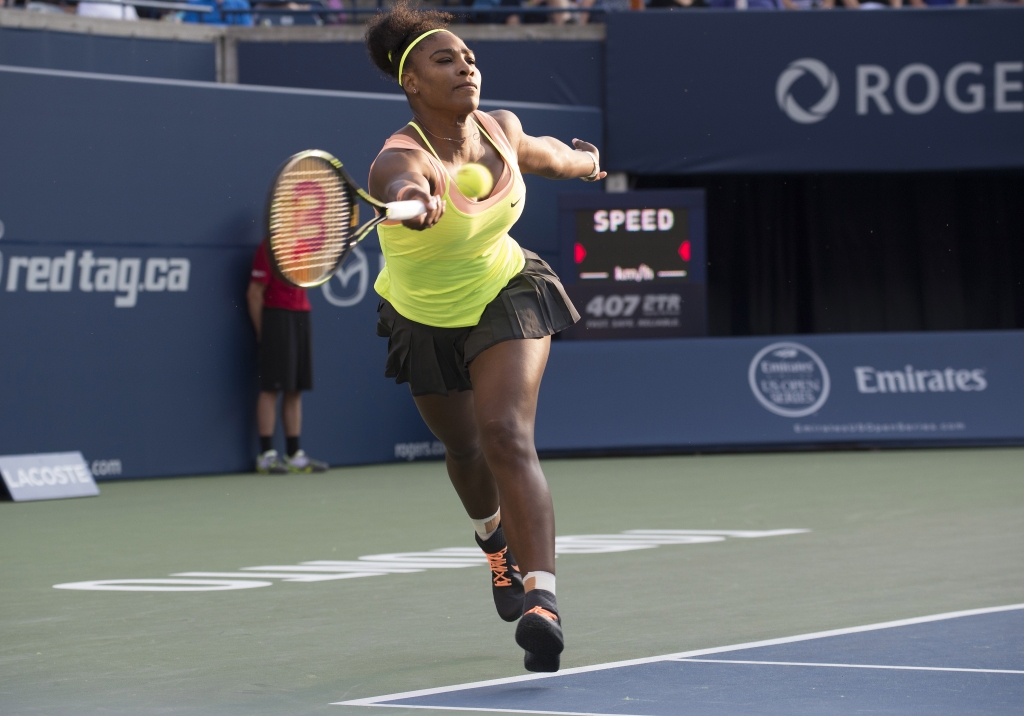 Serena Williams returns a ball to Belinda Bencic of Switzerland in her semi-final match during the Rogers Cup tennis tournament. Belinda Bencic won 3-6 7-5 6-4. – Reuters pic