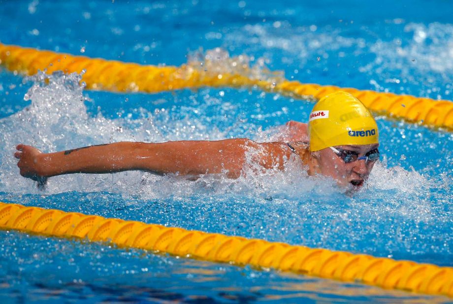 Sweden's gold medal winner Sarah Sjostrom competes to set a new World Record in the women's 100m butterfly final at the Swimming World Championships in Kazan Russia Monday Aug. 3 2015